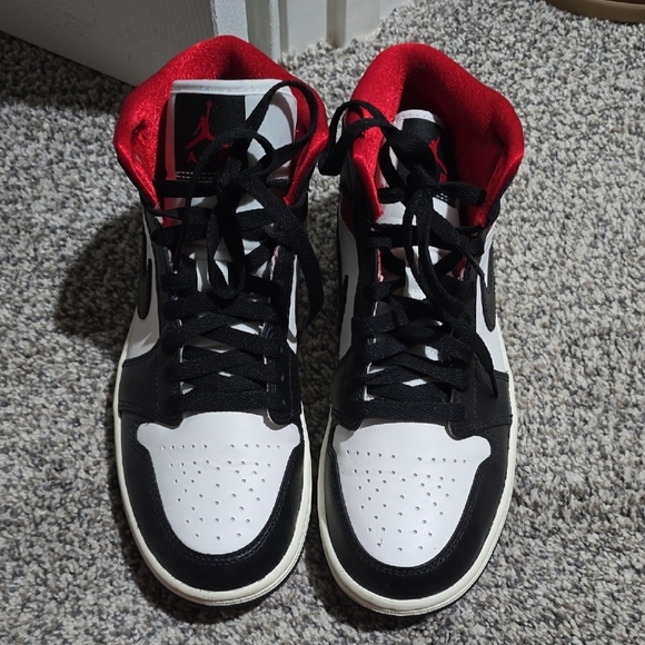Nike Air Jordan 1 Mid Black and Red High-Top Sneakers - Picture 1 of 3